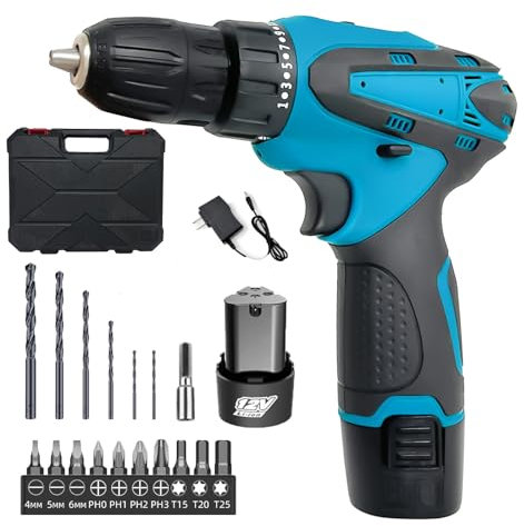 Akku Schrauber, Mit 2 x 1500mah Akkus, 50 N.M Max Akku Bohrmaschine, 12v Drehmoment Auf 25+1 Stufen, Bohrschrauber Mit 17pcs ZubehöRe für Haus und Garten DIY Projekt