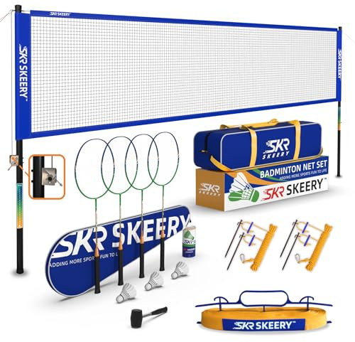 SKEERY Professional Badminton Set with Winch System,Portable Badminton Net Includes Carbon Aluminum Badminton Rackets Set of 4,3 Shuttlecocks and Carrying Bag,Badminton Sets for Backyards,Beach (Blue)