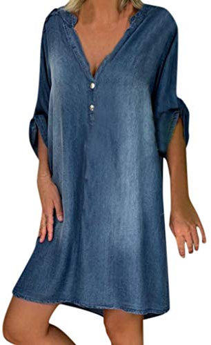 Robe en Jeans Femme Grande Taille, Robe éTé Femme à Revers,Robe Chemise Femme Courte Loose DéContractéS Jean Dress Manches Courtes De Mode avec Boutons Col V Ete Robes pour Vacances à La Plage