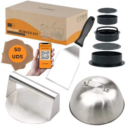OCOBAI Kit Smash Burger professionnel 7 pièces - écraseur en acier 304 avec certificat UE, moule à hamburger maison 3 en 1, spatule et 50 papiers pour faire des smash burgers à la maison ou dans votre