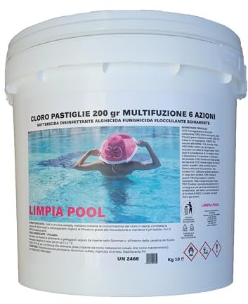 10 kg Limpia Pool cloro Multifunzione 6 Azioni per Piscina Pastiglie da 200 gr +