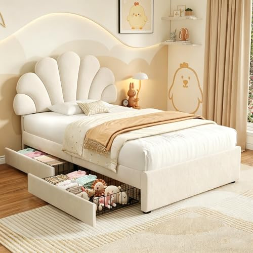 3ft Single Bed Frame with 2 Storage Drawers, Beige Velvet Upholstered Platform Bed with Adjustable Petal Headboard, Sturdy Wooden Slat Support/No Box Spring Needed,Youth Beds for Adult Kids Teenagers