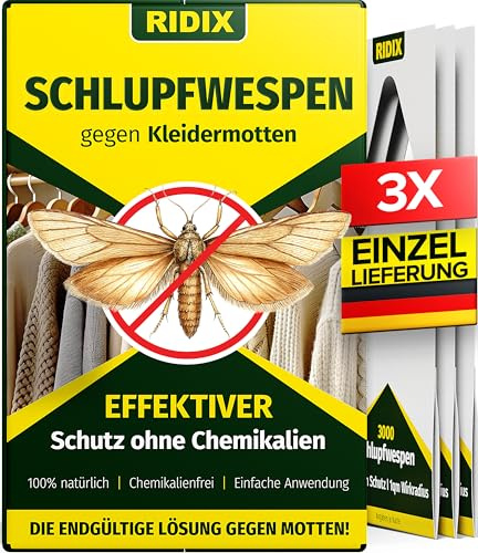 Ridix® Schlupfwespen gegen Kleidermotten [1 Lieferung mit 3 Karten] - Schlupfwespen gegen Motten als biologische Lösung frei von Chemie - Schlupfwespen Kleidermotten