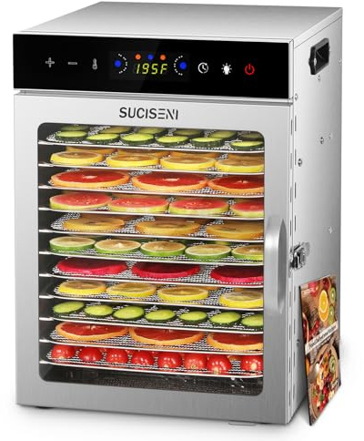 Food Dehydrator Machine 12 Stainless Steel Trays 1000W Meat Dehydrator for Home Use, 24H Timer & 195℉ Temperature Control Food Dryer for Jerky Fruit Herbs Mushroom Dog Treats