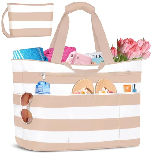 BTNEEU Grande Sac de Plage XXL Famille 50L Imperméable Sac de Voyage Femme avec Fermeture Éclair Pliable Sacs Cabas de Plage avec 14 Poches Beach Tote Bag Sacs a Main pour Gym Shopping