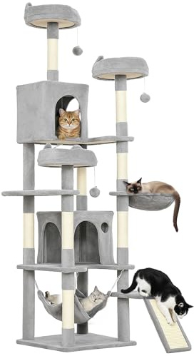 PawHut Arbre à Chat géant Hauteur 192 cm, Tour de Jeux pour Chat, avec 8 poteaux à griffer, 4 Plateformes, 2 niches, 2 hamacs, échelle et 3 Boules, Multi-Niveaux idéal pour 2-3 Chats, Gris