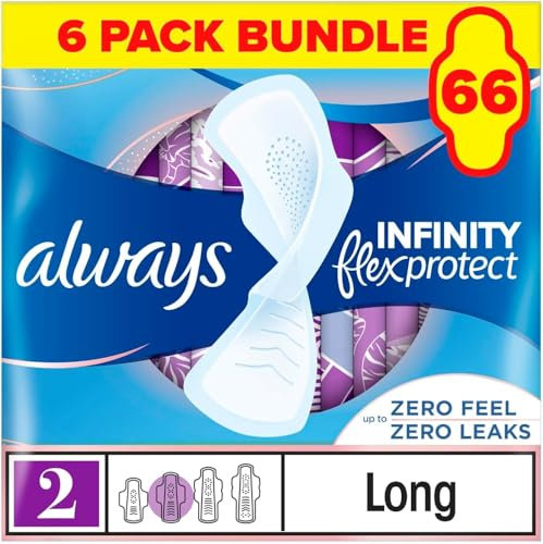 Always Infinity FlexProtect Sanitary Towels, Size 2 Long, 6 Packs of 11 Count, Unscented, for up to Zero Feel & Zero Leaks, Super Absorbent & Flexible Protection