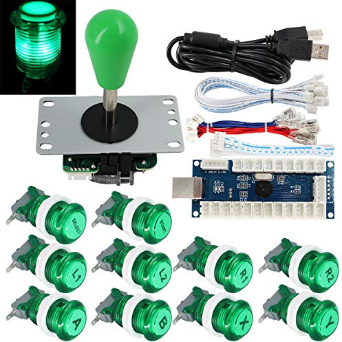 SJ@JX Arcade Game Stick DIY Kit Buttons with Logo LED 8 Way Joystick USB Encoder Cable Controller for PC MAME Raspberry Pi Green