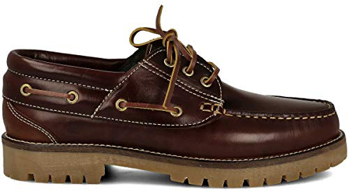 PAYMA - Scarpe da Barca Uomo Donna Bambino in Pelle Speciale Seahorse Oliata. Fatto in Spagna. 3 Occhielli Classici Stringata. Suola in Gomma. Colore: Marrone Suola Caramella. Taglia EU 44