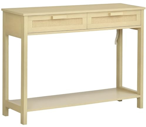 HOMCOM Console Table d'appoint dim. 100L x 30l x 76H cm 2 tiroirs façades cannage en rotin étagère MDF Aspect Bois Clair