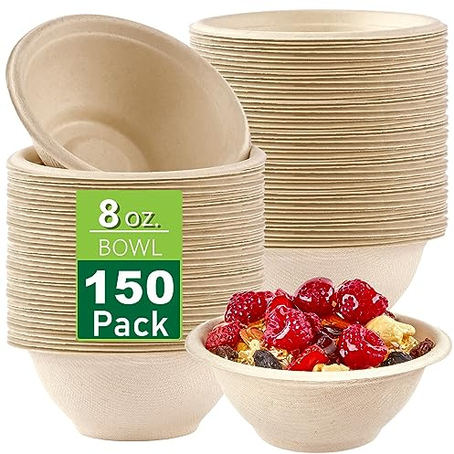 Ocmoiy Bulk 150Pk. 8 OZ Paper Bowls Disposable Heavy Duty Small Compostable Food Bowls, Eco-friendly Sugarcane Bowl for Party Serving Treats, Microwave Safe for Hot or Cold Use