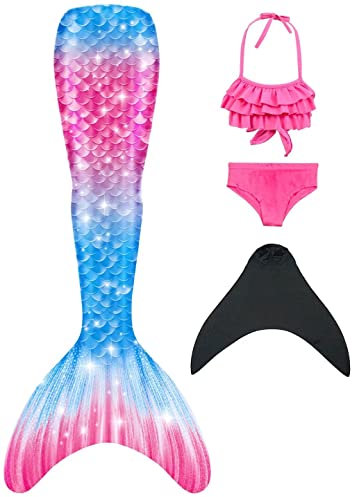 DNFUN Meerjungfrauenflosse Mädchen Meerjungfrauenschwanz Bikini mit meerjungfrau Flosse Kinder zum Schwimmen 4 Stück Set