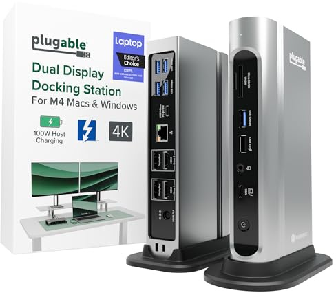 Plugable 16-in-1 Thunderbolt 4 Dock – Dual 4K Monitors for M4/M5 MacBook Air/Pro, 100W Charging, 2X HDMI, 2X DisplayPort, 2.5G Ethernet, 7X USB, MicroSD/SD Card Reader, Windows & USB4 Compatible