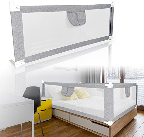 Eulenke 180cm Bettgitter, Bettschutzgitter für Kinder, Höhenverstellbar von 80-96cm, Rausfallschutz Bett für Kleinkinder, Baby bettgitter, Kinderbettgitter, Schutz vor Stürzen, Grau