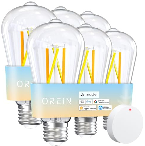 OREiN Matter Smart Light Bulb, ST19(58) Smart Edison Bulbs with Remote Control Work with Apple Home, Alexa, Google Home, SmartThings, 800lm 2700K-6500K Smart Filament Bulb E26 Base 6Pack