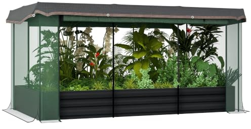 Outsunny hög bädd stål med fågelskyddsnät 230 x 110 x 110 cm mörkgrå | Växtlåda, blomlåda, solskydd upphöjd, trädgårdsbädd för balkong, terrass