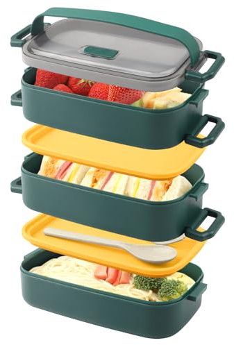 Beeptrum Porta Pranzo da Ufficio,3 Strati Lunch Box & Ermetico con Vari Scomparti,Bento Box Acciaio Inox con Posate per Picnic Scuola Uffici Adulto Bambini,Senza BPA (2250ml,Verde scuro,Materiale PP)