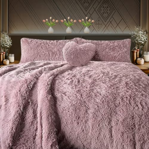 DV Premium Snuggle - Set di biancheria da letto in pile con copripiumino lussuoso, super morbido, caldo e confortevole, in pelliccia (rosa cipria, singolo)