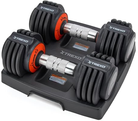 TREXO Set di 2 manubri regolabili in acciaio da 5,75 kg con manico antiscivolo, ideale per l'allenamento della forza a casa e in palestra, set di manubri corti con base stabile