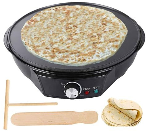 Elektrisk crêpe-maskin, 30 cm stor matlagningsyta med non-stick-beläggning, 1200 W bärbar, justerbar temperatur, automatisk roti-maskin med tillbehör, for crêpes, pannkakor, ägg, omeletter