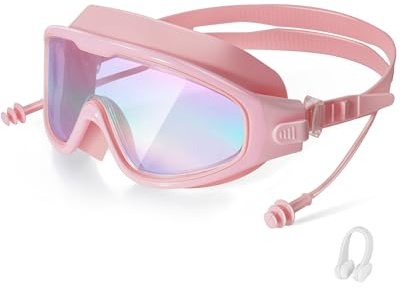 seasprint Adult Swimming Goggles,Leak-Proof,Anti-Fog Pool Glasses,Wide View Swim Goggles with Ear Plugs and Nose Clip,Suitable for Indoor/Outdoor Swimming(Dazzling Mirror Pink Frame)