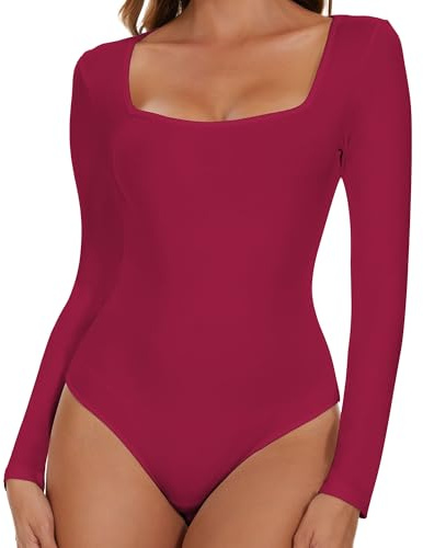 SHAPERIN Body Manica Lunga Donna Collo Quadrato Bodysuit Tops Elegante Long Sleeve Body Suits Square Neck Women Sexy Viola Rosso S