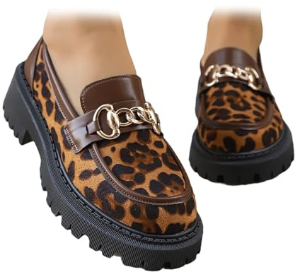 HESYSUAN Mocassini da donna con zeppa in camoscio con stampa leopardata, stile retrò comfort con punta arrotondata slip-on mocassini eleganti vestibilità larga slip-on chunky scarpe da lavoro business