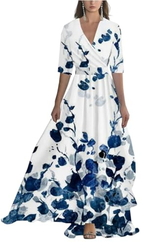 Damklänning, sommarklänning med ärmar, elegant blommig klänning, festklänning, lång A-linjeklänning, bröllopsgästklänning, åtsittande cocktailklänning, v-ringad omlottklänning, maxiklänning