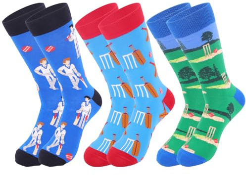 Zidoley 3 Pairs Cricket Socks for Men,Cricket Gifts for men Novelty Cotton Funny Socks Cricket Gifts For Men Fathers Day Presents for Sport Lovers Size 6-12