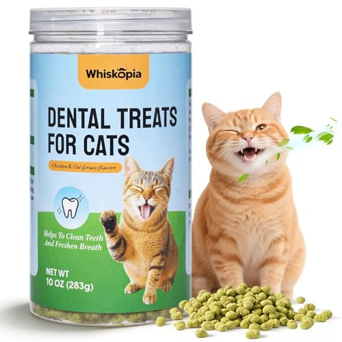 Whiskopia 10 oz Cat Fresh Breath Dental Treats - Crunchy Dental Chews for Cats Teeth Cleaning Snacks with Brown Algae & Tea Polyphenols, Tartar Control Cat Oral Care Bites for Healthy Teeth & Gums