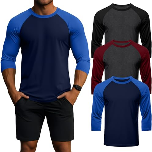 Geyoga Confezione da 3 Magliette da Uomo A Manica 3/4, Girocollo, Stile Baseball, Traspiranti E Sportive(Grigio Nero/Grigio Claret/Marina Azzurro Reale,L)
