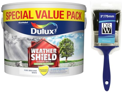 DRW Pure Brilliant White Weathershield Smooth Masonry Paint 7.5L+3 Paint Brush | Exterior Wall Paint | Long Lasting Weather Protection | Smooth Matt Finish for Brick Render Concrete and Stone