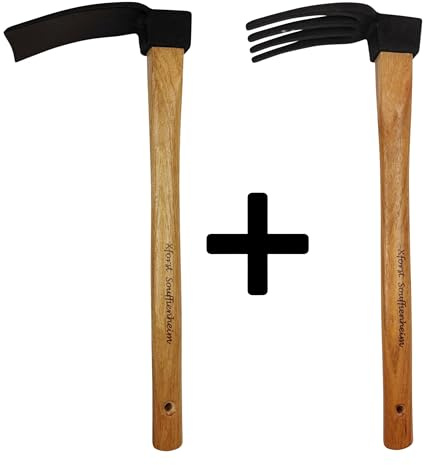 Xforst trädgårdsverktygsset med två trädgårdshällar. Hacka med rakt blad + hacka med 4 zinkar. Med handtag av Hickory-trä och huvud av smitt stål.