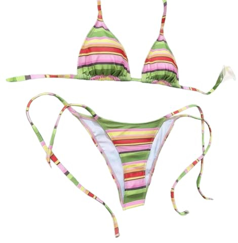 Randig bikini tvådelad rosa och grön polyester baddräkt | Denna tvådelade baddräkt har justerbara sidodetaljer för en bekväm, för anpassad passform.
