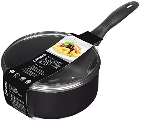 Chef Aid Sauce Pan, 20 cm Aluminium Pan with Glass Lid and Stay Cool Handle, Built in Ventilation Steam Vent, for Use On Electric and Ceramic Hobs, Black