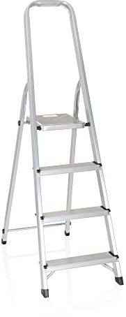 hjh OFFICE 801101 Klappleiter SOLID II Aluminium Trittleiter mit 4 Stufen & Sicherheitsbügel, bis 150kg belastbar, Silber, 4 Stufen
