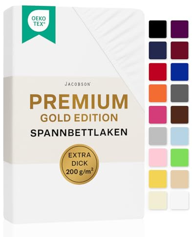 Jacobson Premium Spannbettlaken 200 g/m² Jersey Baumwolle mit Elasthan (180x200-200x200 cm, Weiß)
