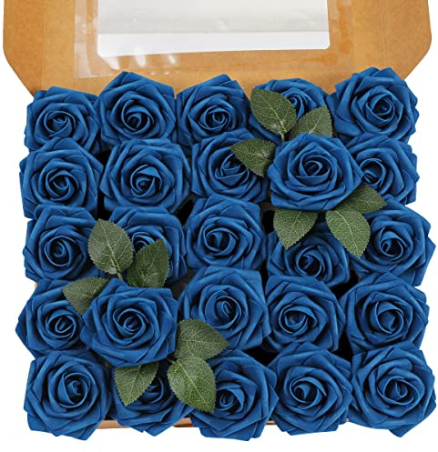 Ruiuzioong Rosa Artificial Flor 25PCS Rosa Falsa Espuma Mirada Real con Hoja y Vástago Ajustable para Bricolaje Ramos de Boda Decoraciones para el Hogar Nupciales (Azul Militar, 25pcs)