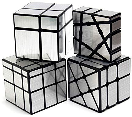 Yealvin Mirror Cube Set, Mirror Cube Bundle of 1×3×3 Floppy Cube 2×2 Speed Cube 3×3 Windmill Magic Cube and 3×3 Mirror Cube Smooth Brain Teasers Puzzles Collection 4 Pack Silver