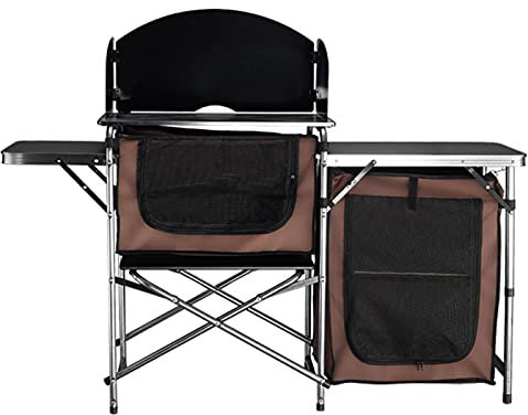 Outdoor Küche Camping Schränke Outdoor tragbarer Camping-Küchentisch, 2-stöckiger Campingtisch aus Aluminium mit 2 Aufbewahrungstaschen, leicht zu tragen, 146X80X45cm