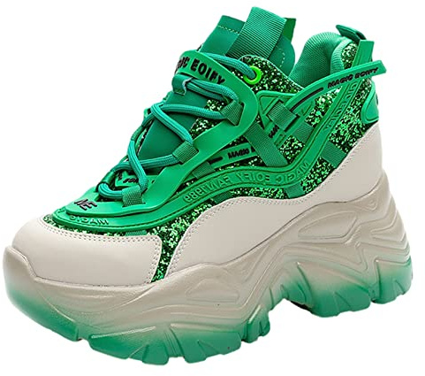 ANUFER Dam plattform tjocka träningsskor skor glänsande paljetter mode kilklack sneakers, gRÖN, 36.5 EU