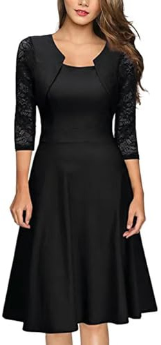 Nuevo Vestido de Fiesta de otoño para Mujer, Vestidos Formales de Encaje Floral con Manga 3/4 de Color sólido para Invitados de Boda, Elegante-Negro-XXL