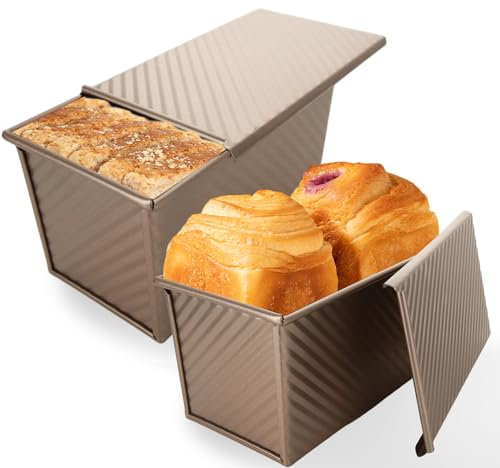 Oungy 2 Pcs Loaf Tin with Lid, 20 x 12 x 11cm Bread Tins for Baking, 1lb/450g Loaf Tins Non-Stick Loaf Pans, Carbon Steel Pullman Loaf Pan with Slide Cover (Rose Gold)
