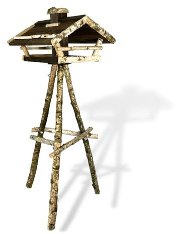 GARTENETAGE Vogelhaus aus Birke mit Ständer und Holzdach - Wetterfestes und Stabiles Vogelfutterhaus - Robustes Vogelhäuschen für Ihren Garten