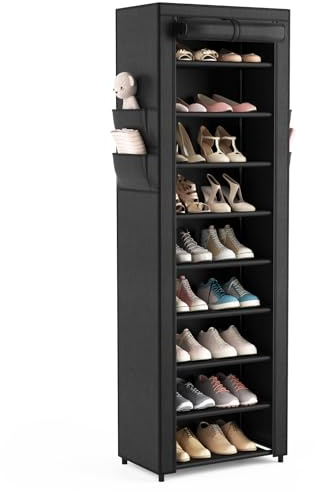 VILICK Shoe Rack with Cover Narrow Shoe Organizer with 4 Side Pockets 10 Tier Tall Shoe Storage Holds 18-22 Pairs Shoes and Boots Shoe Rack for Closet Entryway Garage