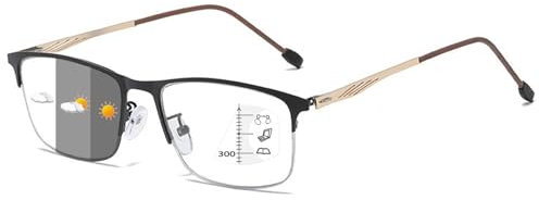 Lanomi Progressive Multifocal Half Frame Reading Glasses Metal Men Women Photochromic Varifocal Sunglasses UV Protection Transition Eyeglasses 1 Pairs Gold Multifocal Glasses 3.5