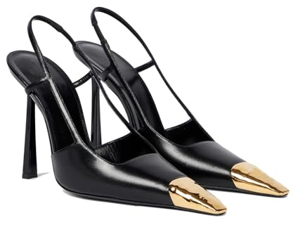 THESHY Womens Slingback High Heels Metal Pointed Toe Leather High Stiletto Heel Pumps Slip on Elastic Strap Fashion Dress Shoes for Women, Black, 6 UK