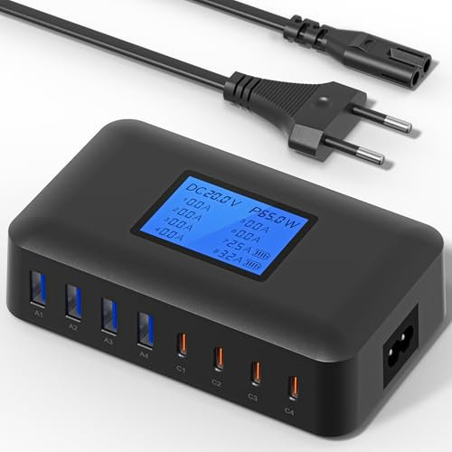 200W Cargador USB C Multiple, 8-Port USB C Cargador Portátil PD 65W Carga Rápida, Estación de Carga USB con Pantalla LCD, para MacBook, iPad, iPhone 16/15/14/13 Pro/MAX y Samsung S24/S23-negro