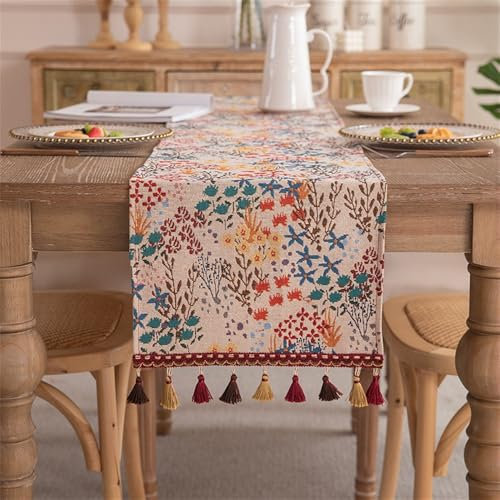 Clothfuna Runner da tavolo da pranzo con fiori primaverili, vintage, motivo floreale colorato con nappe, per feste e vacanze all'aperto, 33 x 120 cm