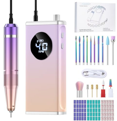 HOMEASY Fresa Elettrica per Unghie Professionale Set Portatile Multifunzione con 16 Testine in Metallo e Ceramica Ricaricabile Display LCD Intelligente per Manicure e Pedicure Viola Rosa
